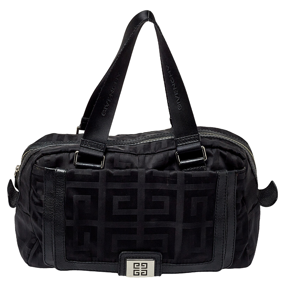 GIVENCHY Black Leather And Signature Canvas Duffel Bag